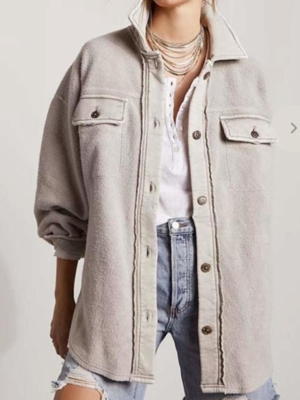 Free People Ruby Jacket Oversized Fleece Button-Down Shacket in Stone Sz XS NWT